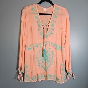 Rise & Bloom Orange Boho Embroidered Tunic Top Turquoise Tassel Lace Up Medium